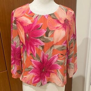 Scoop-Neck Floral Blouse in Orange with Pink Blooms